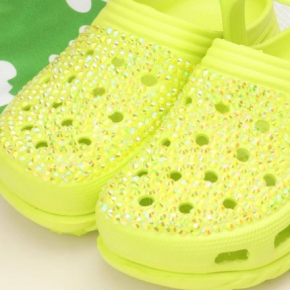 Green Bling Rhinestone Crystal Slip On Croclike Slides Rubber Clogs Shoes - Picture 2 of 4